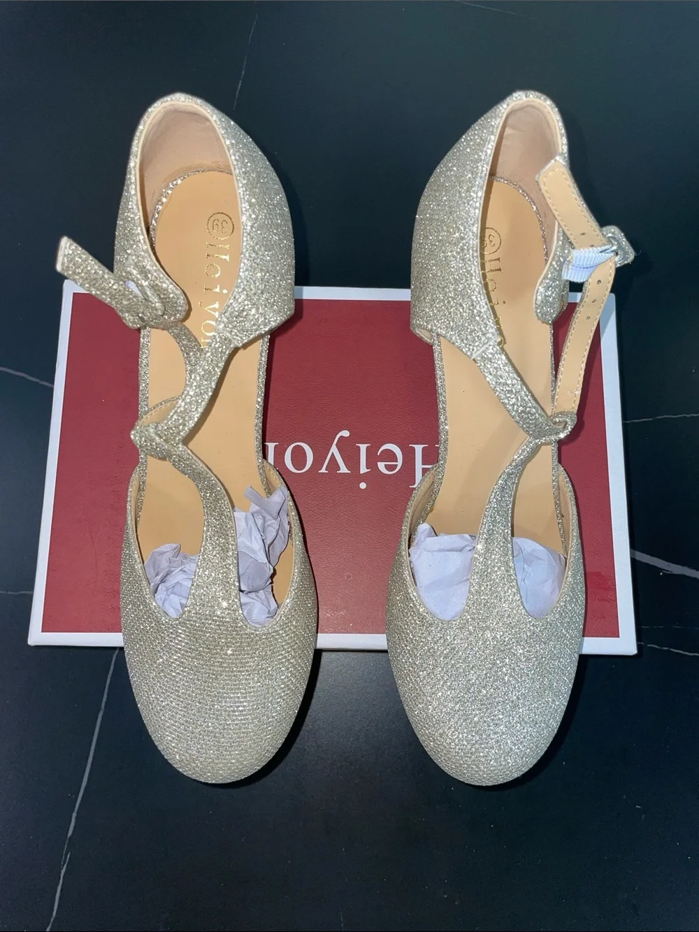 HEIYOM GOLD GLITTER T STRAP PLATFORM PUMPS FTL-08-128